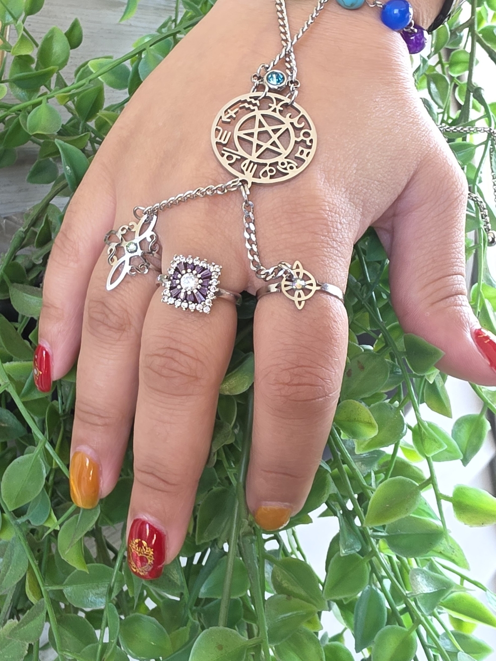 Stainless Steel Slave Pentagram Hand Chain Bracelet with Natural 7 Chakras Stone